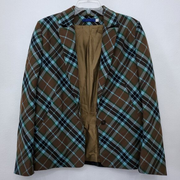 Givenchy Vintage 90's Multi-Color Plaid Women's Wool Blazer Logo Buttons Size 44 - Picture 2 of 16